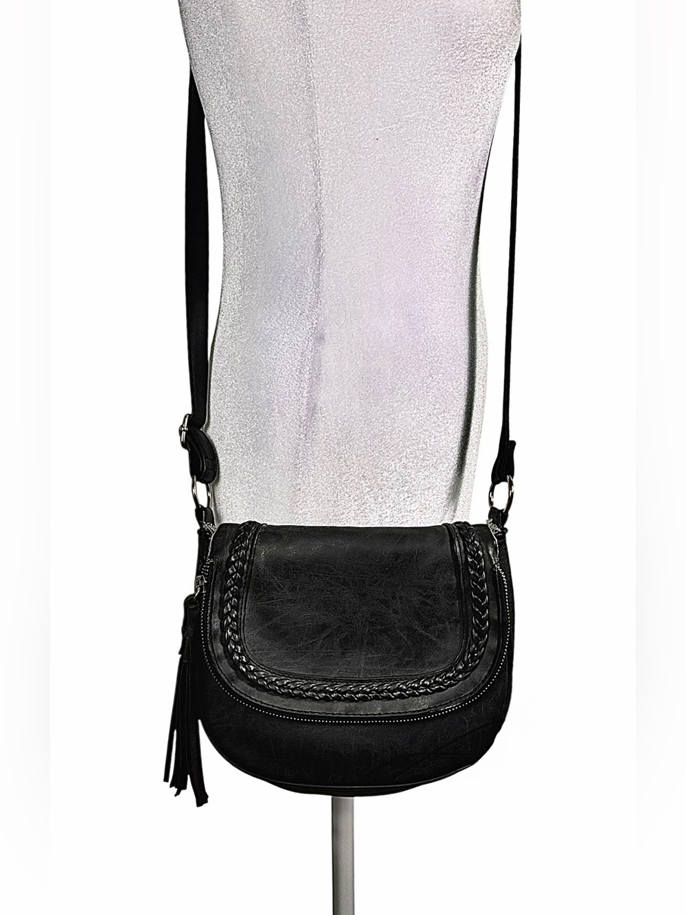 American Eagle Outfitters Black Braided Flap Crossbody Bag with Tassel